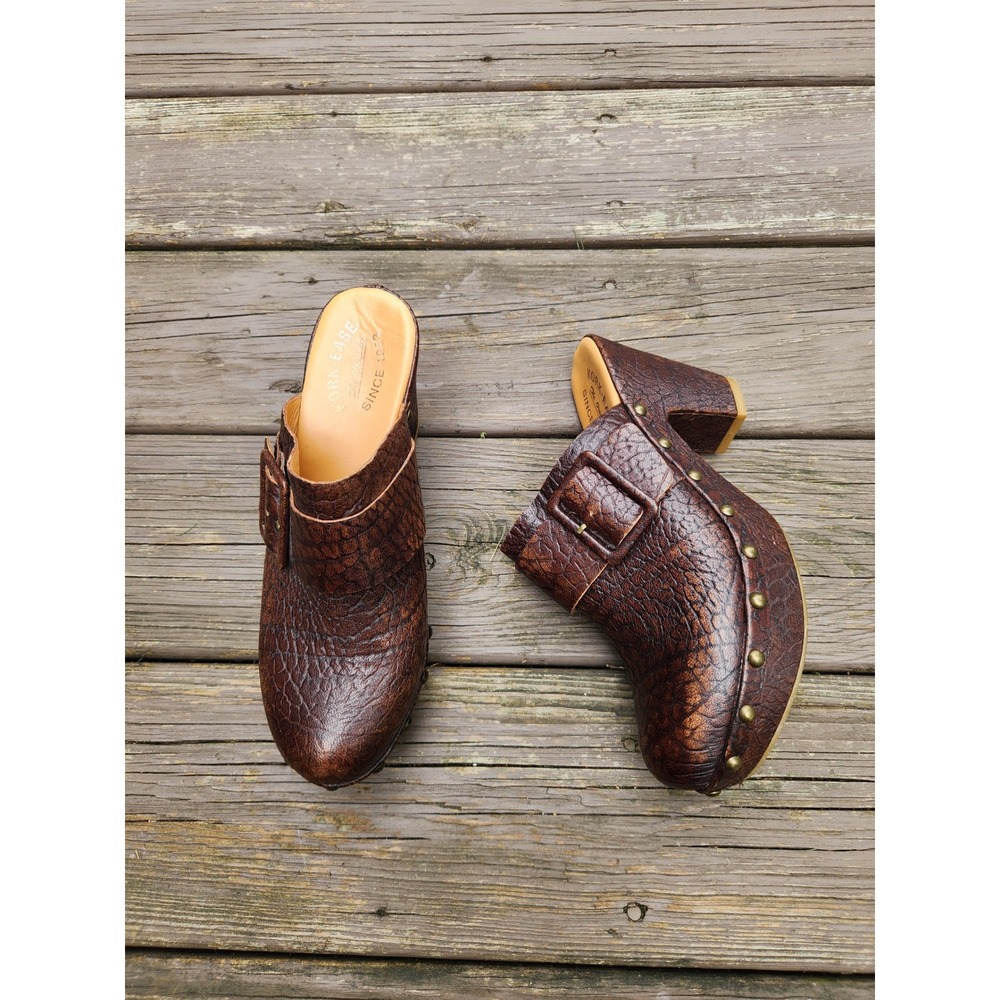 Vintage Y2K Kork-Ease Clogs Brown Leather Studded Buckle Platform Mules 10/42
